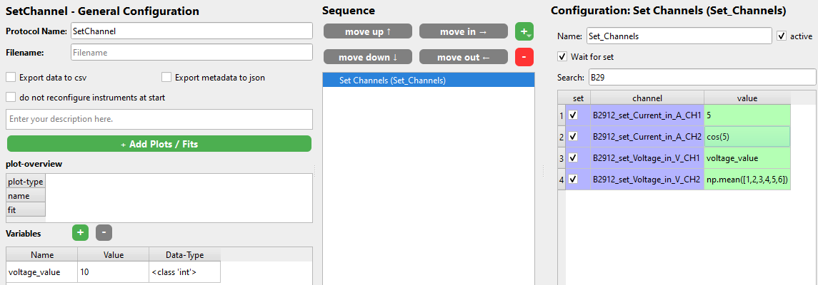 Image of the GUI when using Set Channel showing possible settings of the value field.