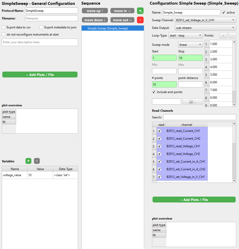 GUI of the simple sweep step with example parameters