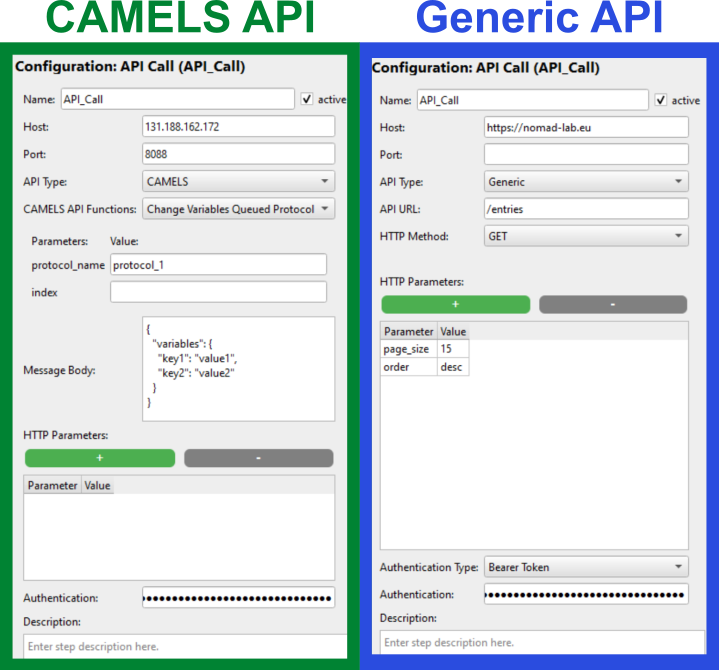 Example images of a CAMELS API call and a generic API call using the new step